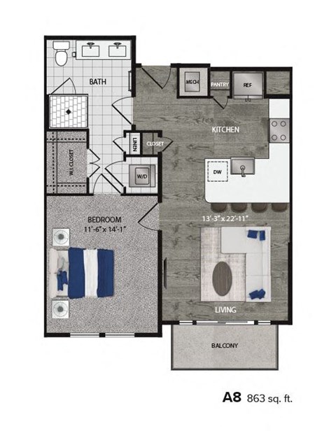 Floor plan for 1 bed, 1 bath, 863 sqft